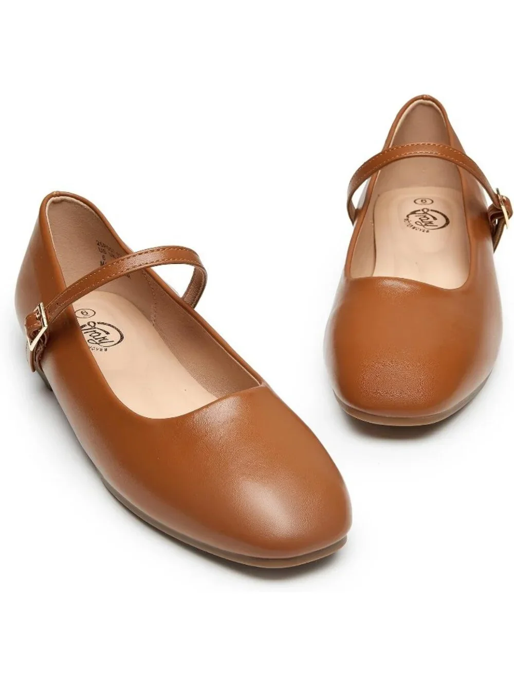 Women's Brown Square Toe With Adjustable Buckle Strap Ballet Flat Slip On Shoes